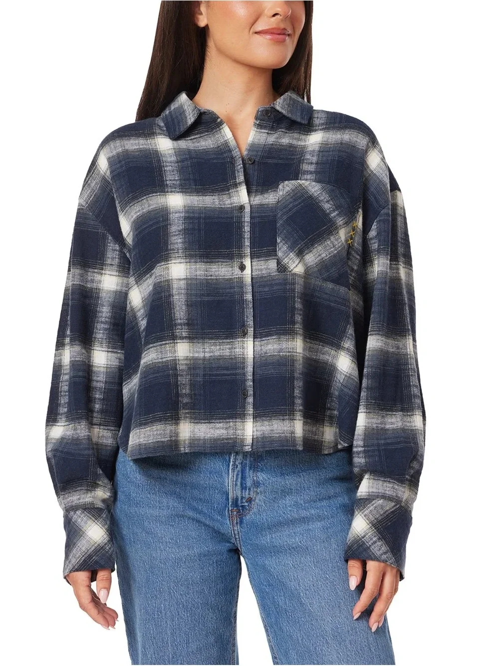 Scotch & Soda Navy and White Plaid Flannel Long Sleeved Top